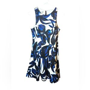Maggy London Cotton Blue and Black Leaf Print Mini Dress Size 6